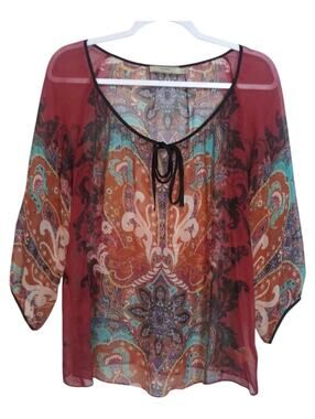 Cluny Sheer Paisley Tie-Neck Blouse in Burgundy Multi Paisley 3/4 Sleeves Size 6